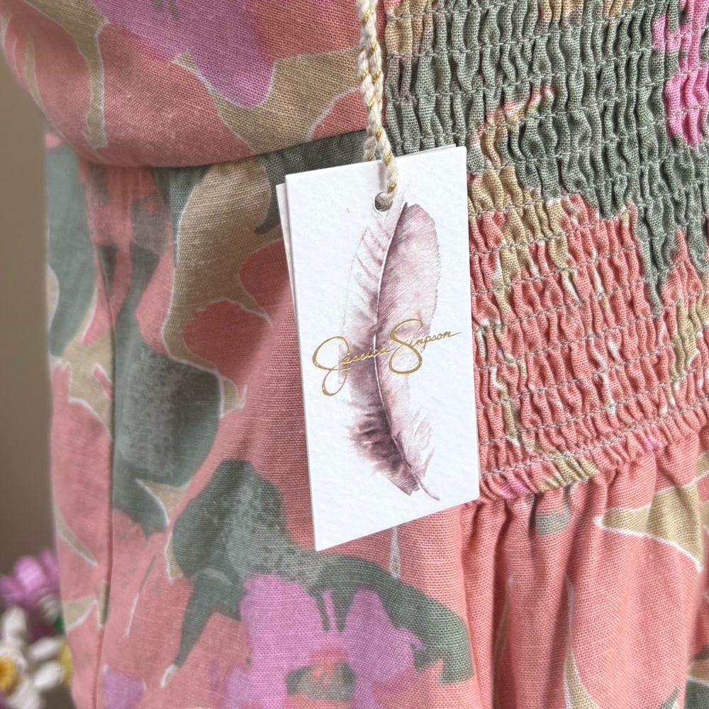 NWT Floral Tie-Front Linen Mini Dress in Pink & Green by Jessica Simpson - Picture 6 of 9